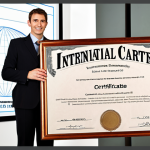 **Image:** A person confidently holding an international trade certificate, with a globe and stylized career growth chart subtly in the background. Keywords: certificate, global, success, career, international trade.