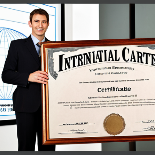 **Image:** A person confidently holding an international trade certificate, with a globe and stylized career growth chart subtly in the background. Keywords: certificate, global, success, career, international trade.
