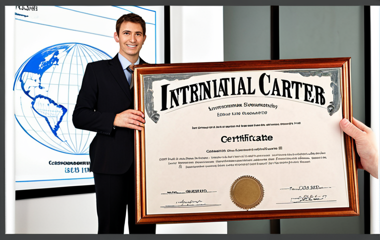 **Image:** A person confidently holding an international trade certificate, with a globe and stylized career growth chart subtly in the background. Keywords: certificate, global, success, career, international trade.