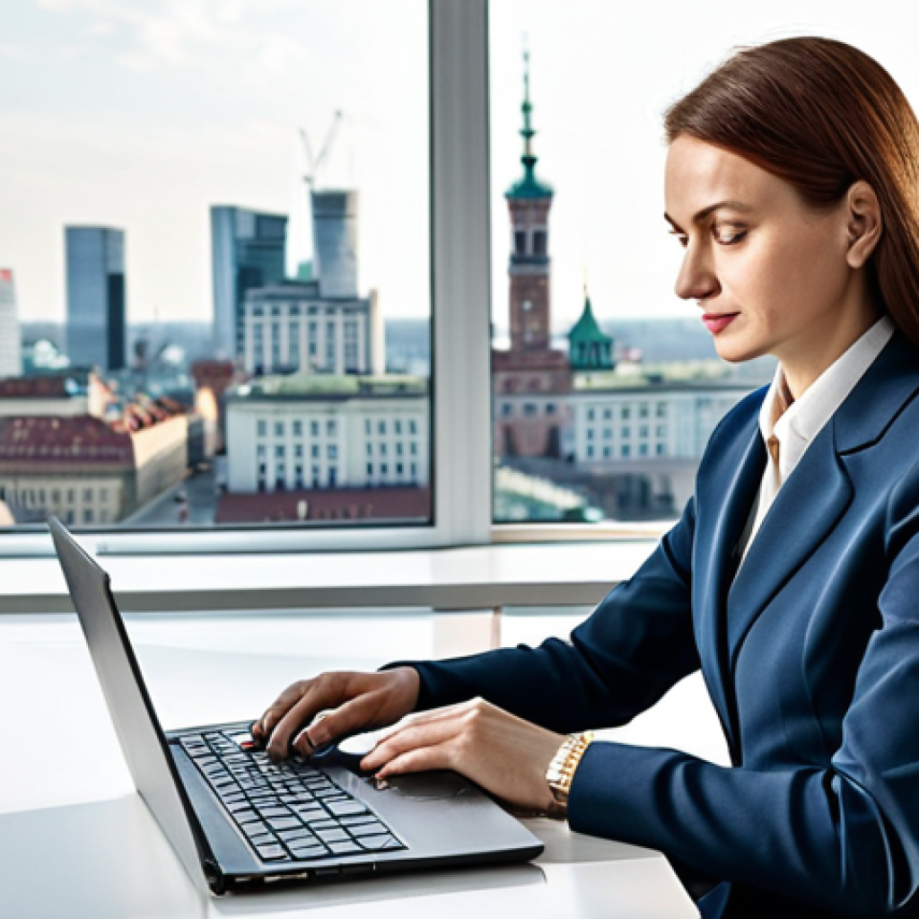 **
"A professional Polish businesswoman in a modest, tailored business suit, sitting at a clean desk in a modern Warsaw office with a view of the city skyline. She is working on a laptop. Fully clothed, appropriate attire, safe for work, perfect anatomy, natural proportions, professional photography, high quality, family-friendly."
**