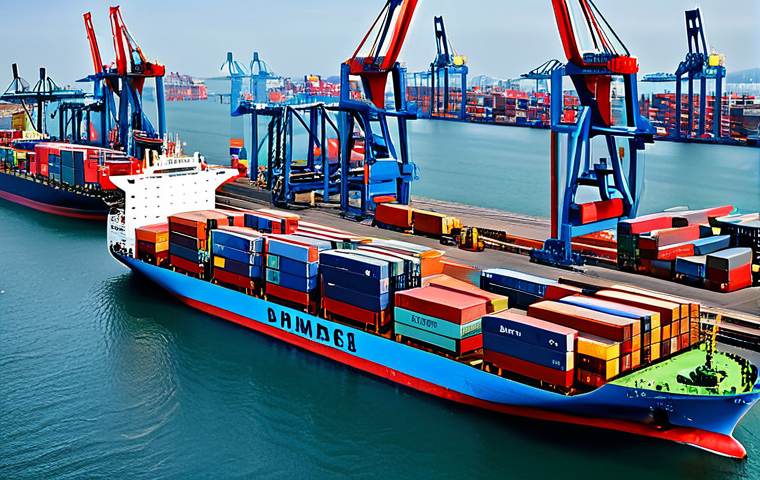 Global Trade Dynamics - Modern Logistics**
"A bustling harbor scene with cargo ships and container cranes, illustrating global trade, fully clothed dockworkers in appropriate attire, modern logistics and supply chain, safe for work, professional photography, perfect anatomy, natural proportions, high quality, appropriate content, family-friendly."
**