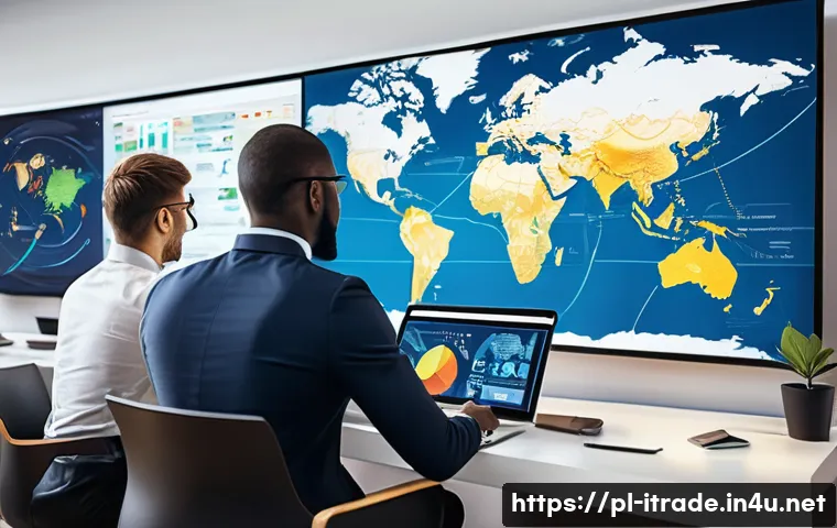 국제무역이직준비 - A modern international trade office environment with diverse professionals collaborating around a di...