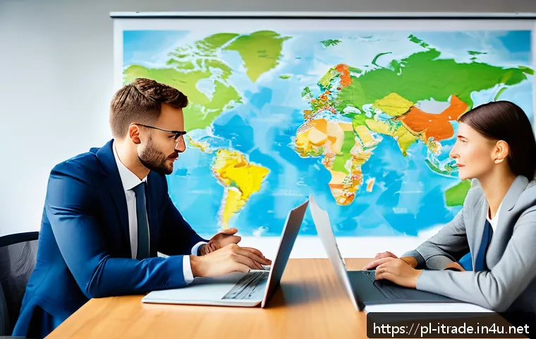 무역실무경험 - A professional international business negotiation scene set in a modern office with natural daylight...