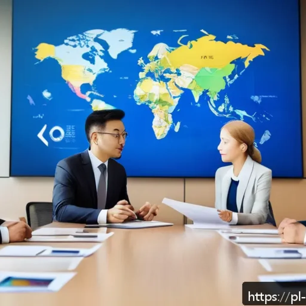 국제무역취업전략 - A professional international business meeting scene set in a modern office with a diverse group of A...