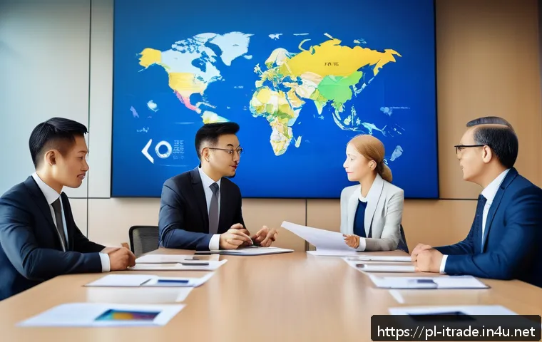 국제무역취업전략 - A professional international business meeting scene set in a modern office with a diverse group of A...