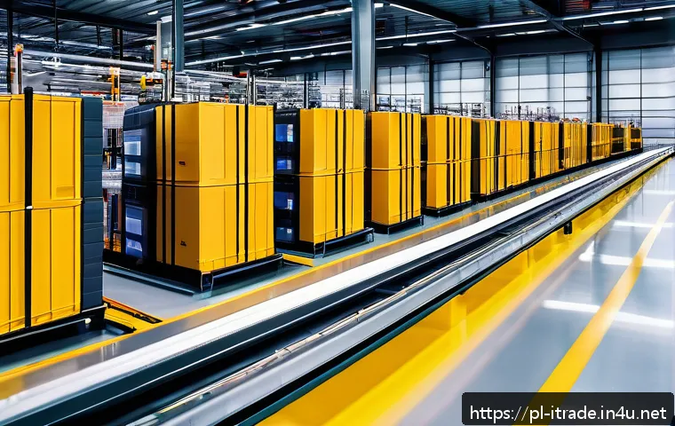 국제무역업무효율화 - A modern international logistics warehouse interior featuring advanced robotics and automated sortin...