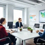 Home 21 무역사례분석 - A modern European business meeting scene in a bright, stylish office with diverse professionals disc...