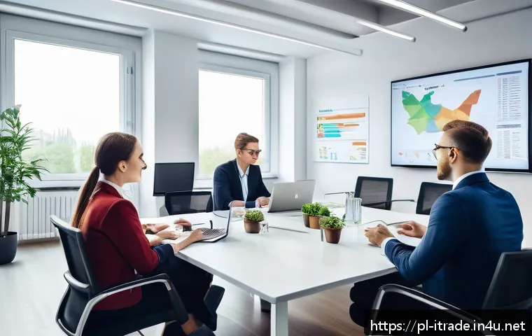 무역사례분석 - A modern European business meeting scene in a bright, stylish office with diverse professionals disc...