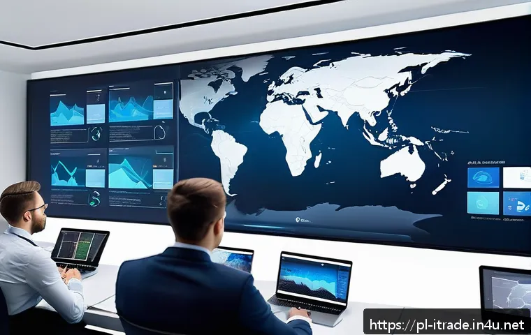 무역전문가경력개발 - A modern international trade office scene featuring a diverse team of professionals collaborating ar...