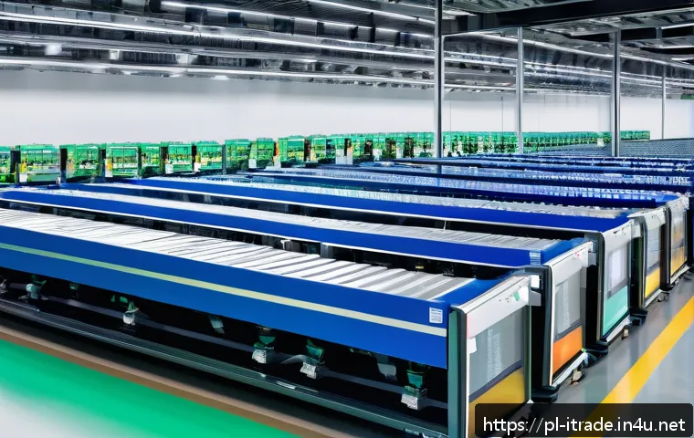 무역업계동향 - A modern international logistics warehouse scene showcasing advanced automation technology: robotic ...