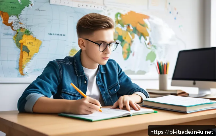무역분야자격증필기 - A focused young Polish student sitting at a tidy desk in a cozy, modern study room with natural dayl...